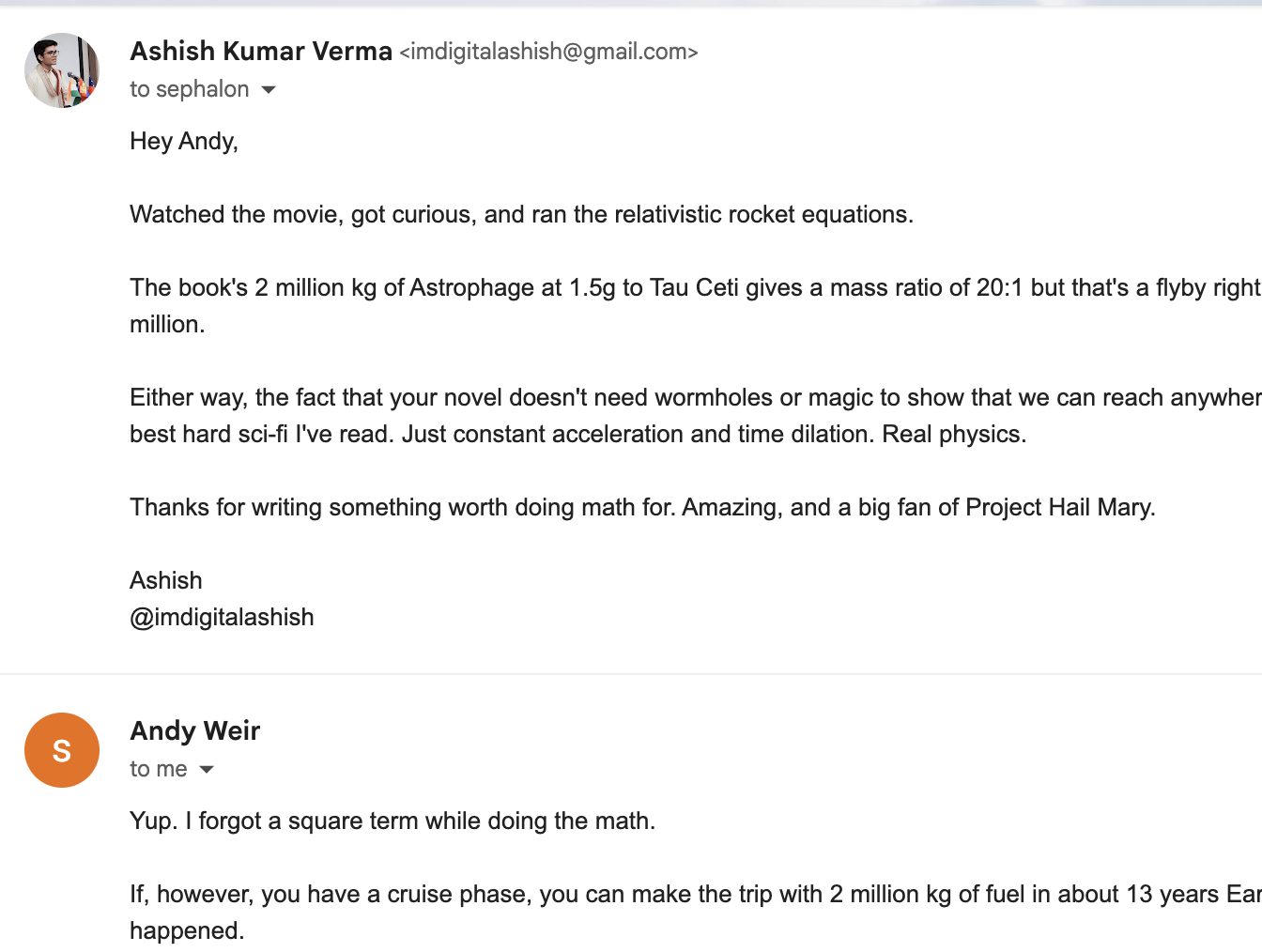 Andy Weir confirming the fuel calculation error