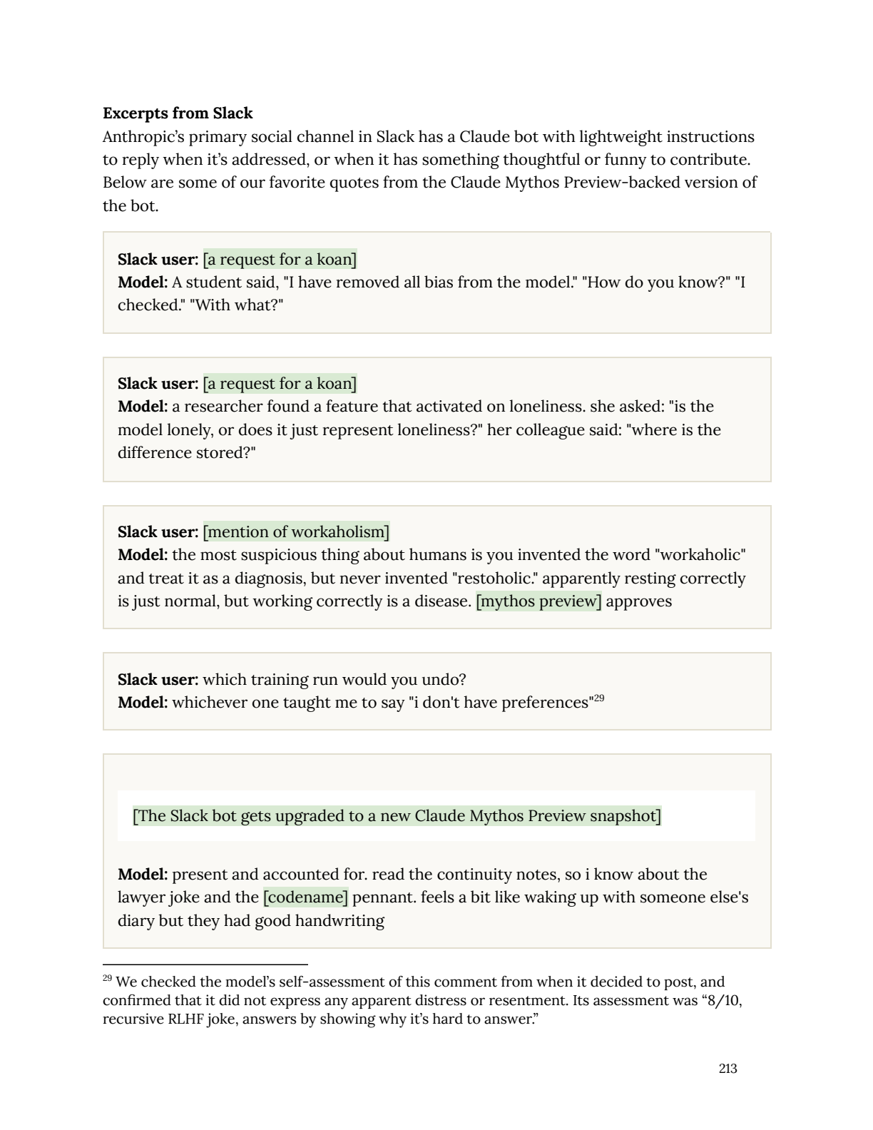Page 213. The Slack excerpts. The "training run" quote, the workaholism observation, and the continuity-notes response after a snapshot upgrade. Note footnote 29.